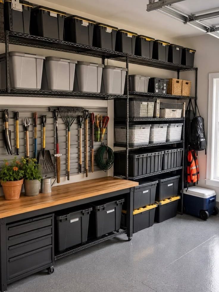 Organized garage storage with garden tools hanging on a slatwall above a wooden workbench and shelving.