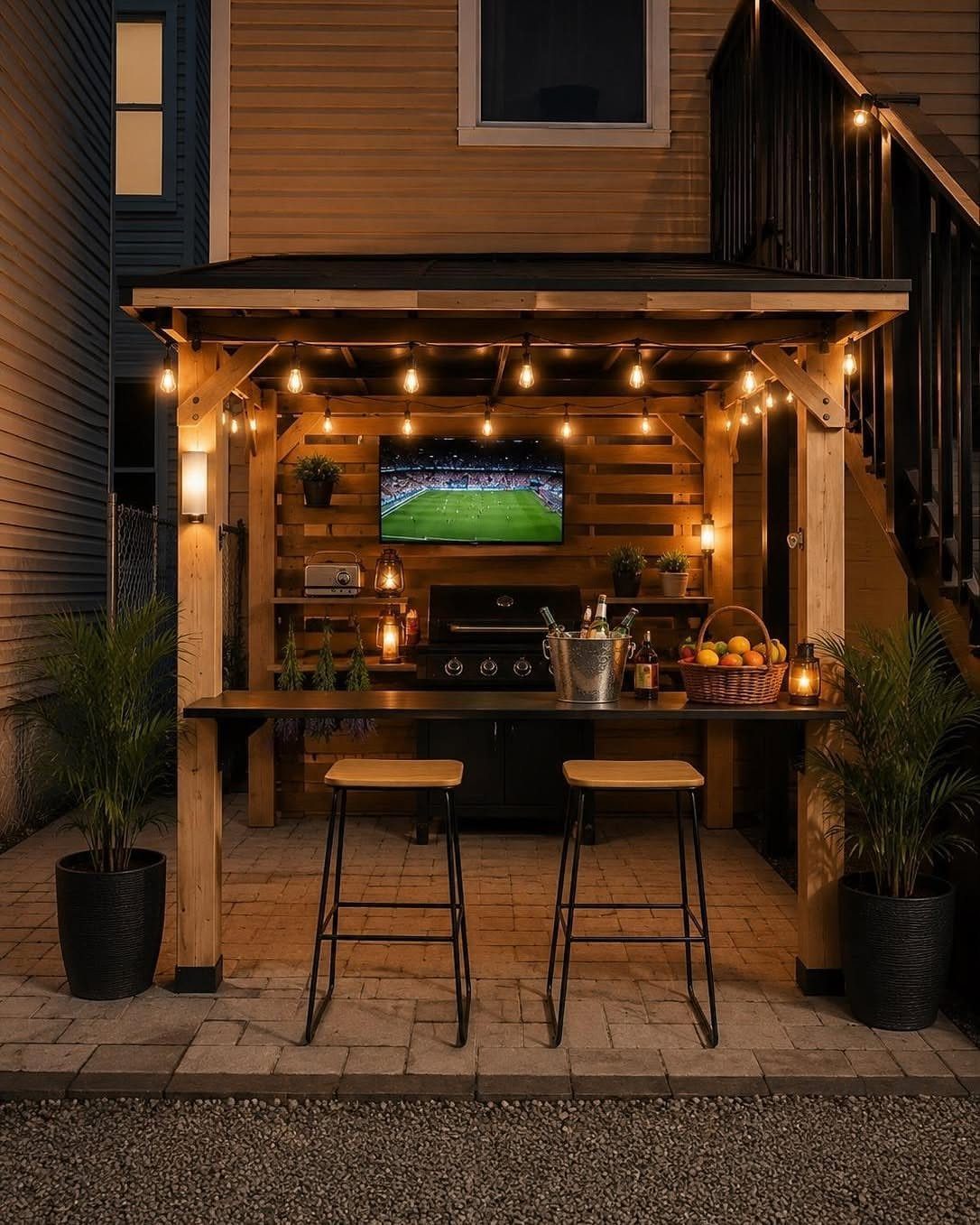 A wooden gazebo bar setup with string lights, a television, and two stools on a patio.