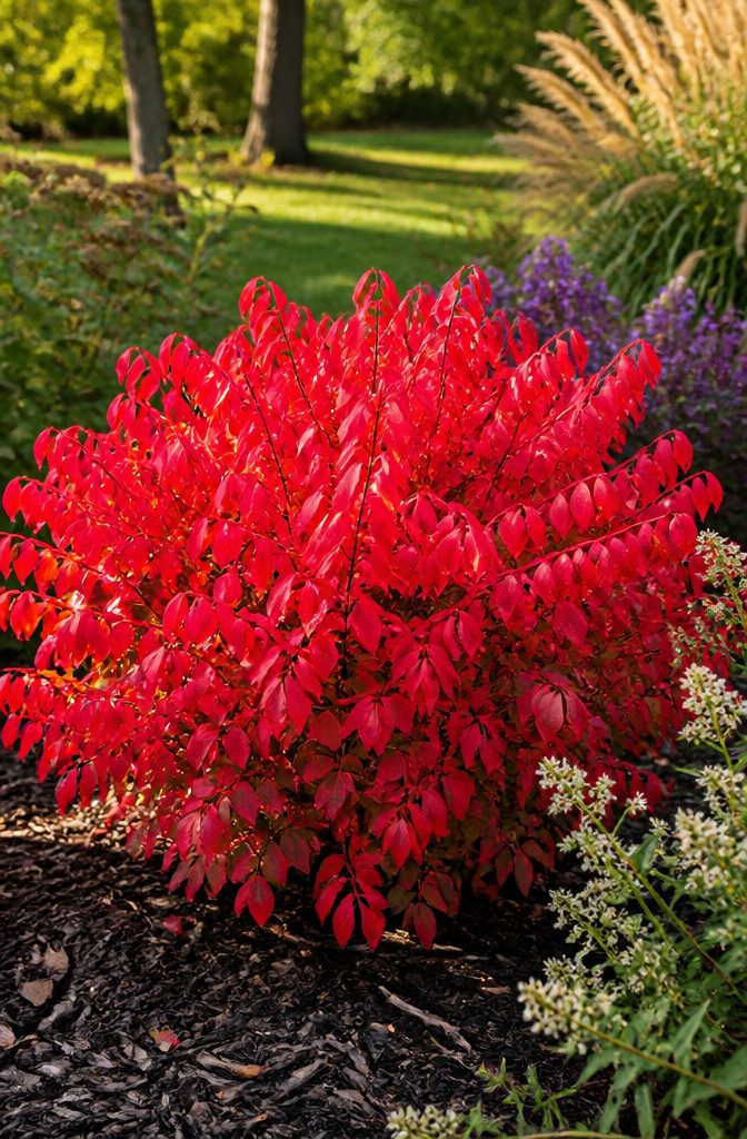 Burning Bush Landscaping: Growth, Care, and Invasive Risks 2 A well-maintained burning bush shrub with bright red leaves.