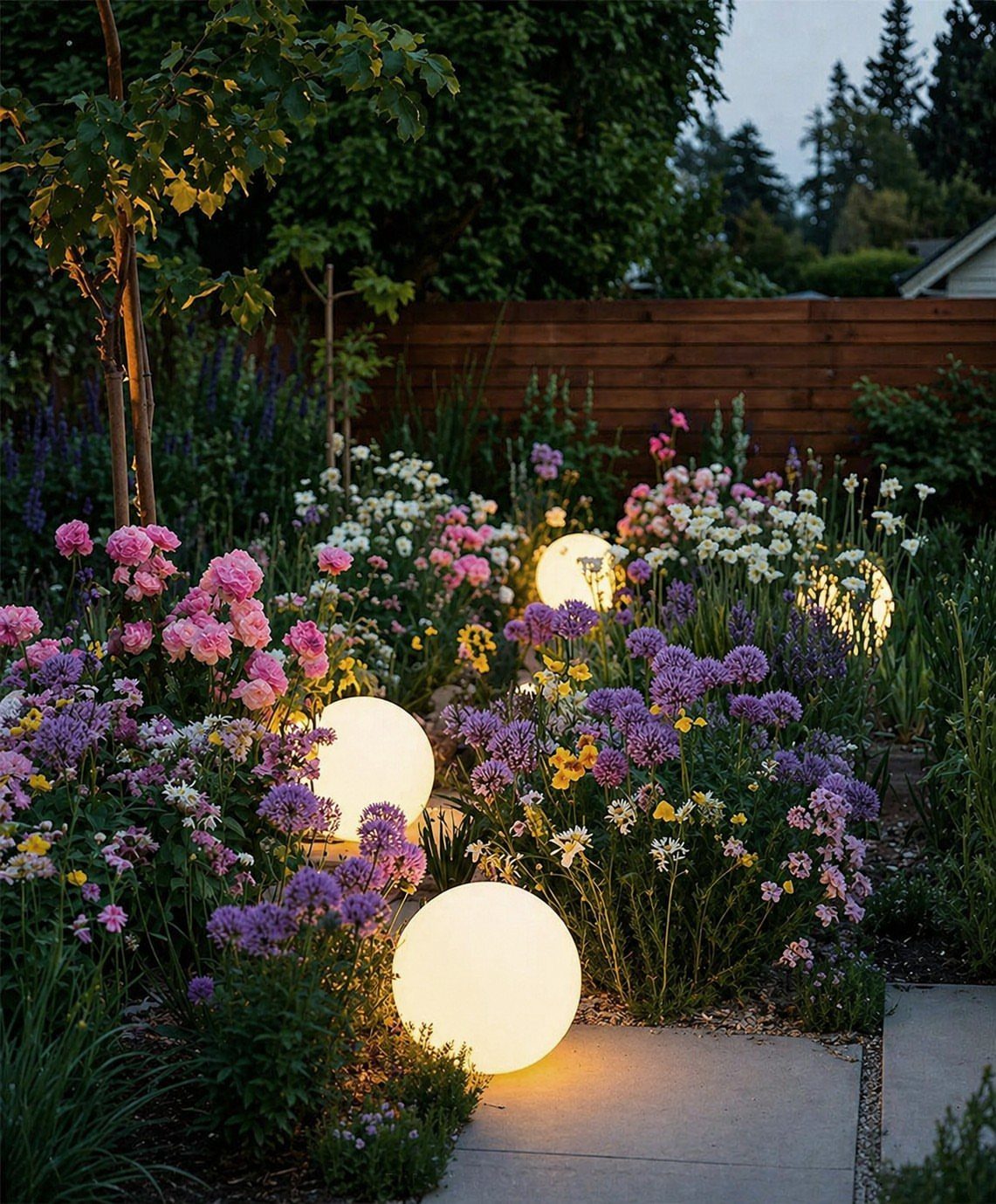 22 Flowers in Front of House Ideas for Curb Appeal 17 Colorful garden flowers and glowing spherical orb lights along a stone path at twilight.