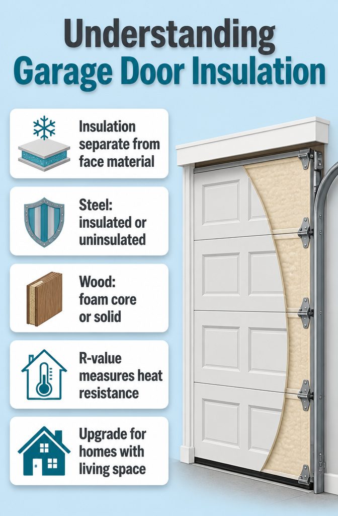 An informational image illustrating garage door insulation options.