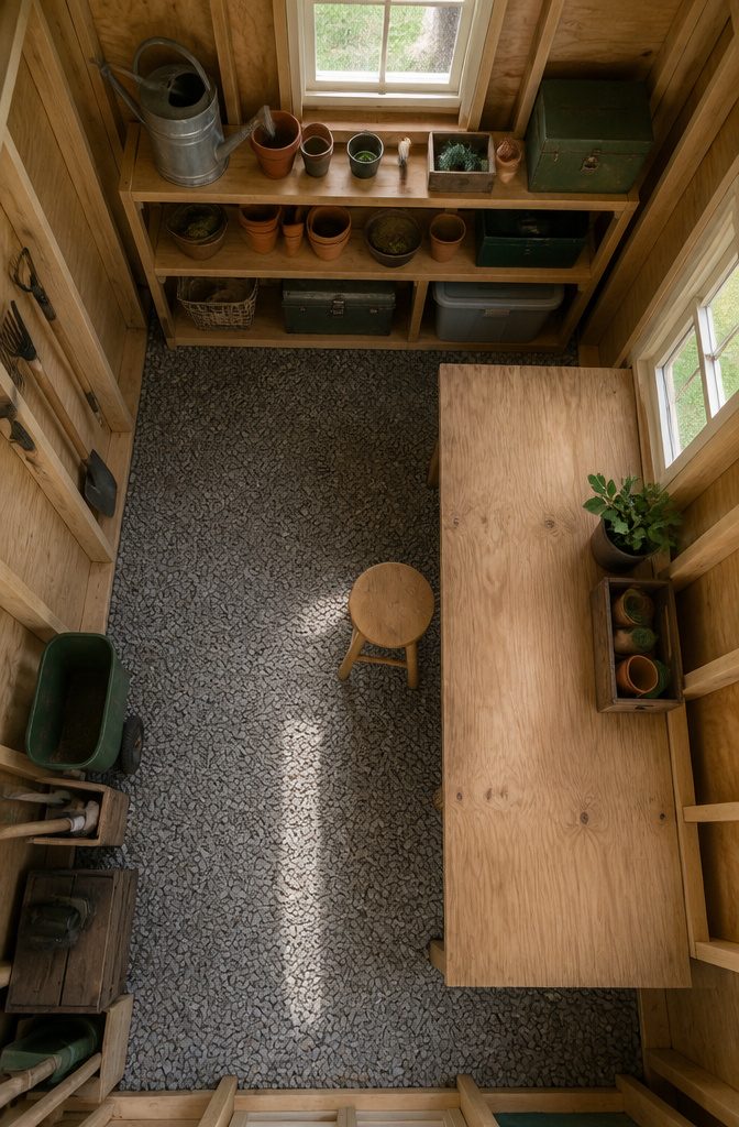 How to Build a Shed Fast: Quick Build Shed Guide 8 Interior of a shed featuring shelves and a workbench for organization.