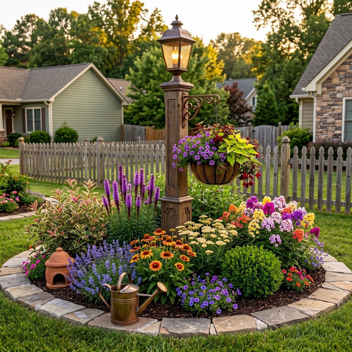 22 Flowers in Front of House Ideas for Curb Appeal 16 A circular stone-bordered flower bed with colorful blooms and a central lamp post.