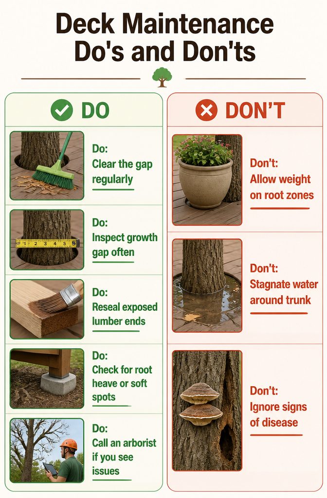 Building a Deck Under a Tree: Plan, Materials, and Root-Safe Construction 11 A list of maintenance tips for decks around trees.