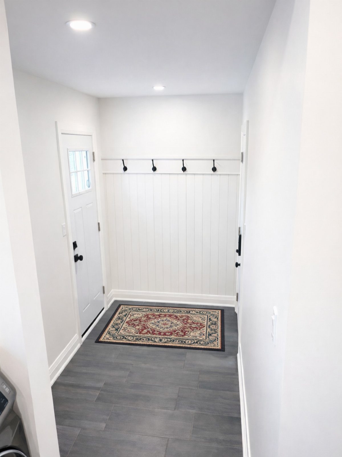 A white entryway featuring a paneled wall with a black hook rail and a patterned rug.