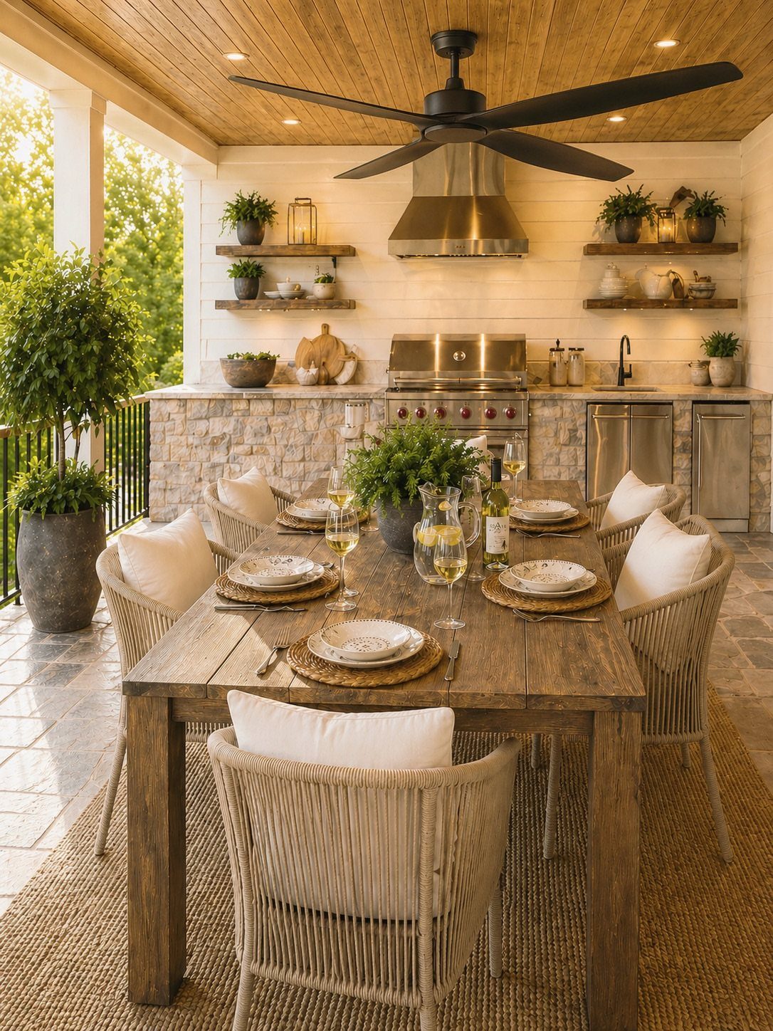 A wooden dining table set for a meal on a modern covered patio with an outdoor kitchen.