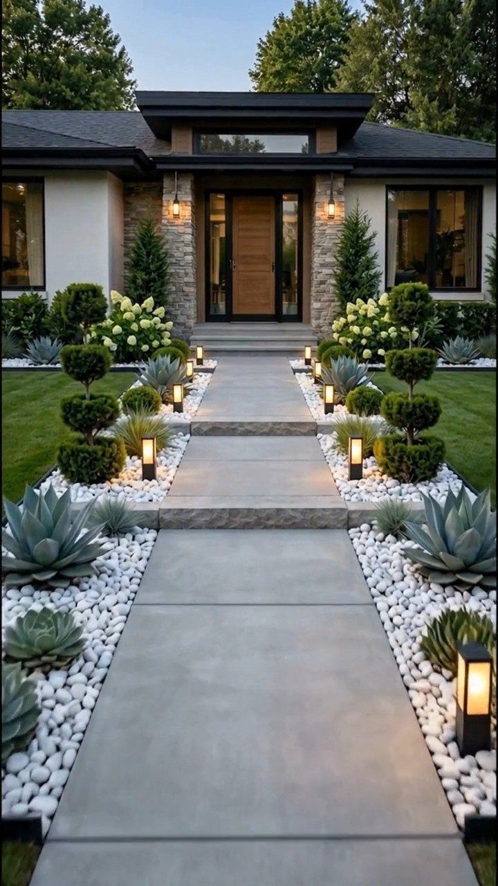 A modern concrete walkway lined with white pebbles, agave plants, and glowing outdoor lanterns leading to a house.