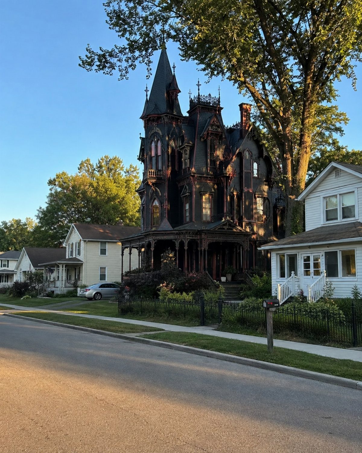 A dark, ornate Victorian house with intricate woodwork stands under a clear blue sky.