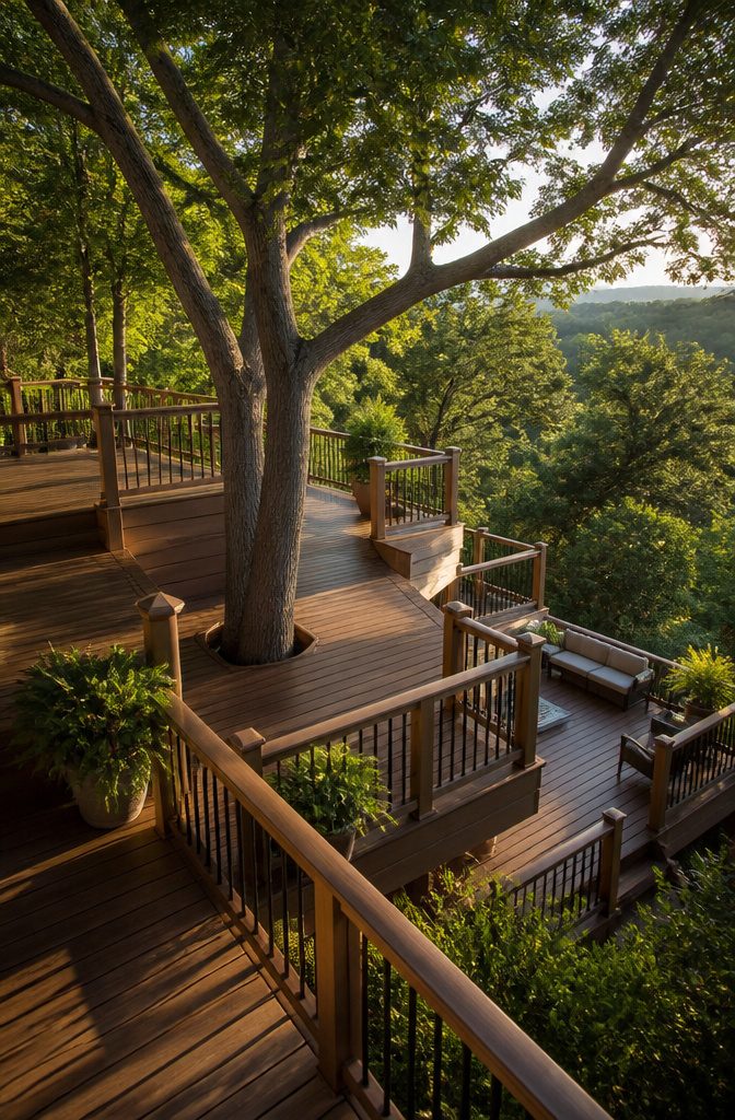 Building a Deck Under a Tree: Plan, Materials, and Root-Safe Construction 12 A multi-level deck design surrounding a large tree on a slope.