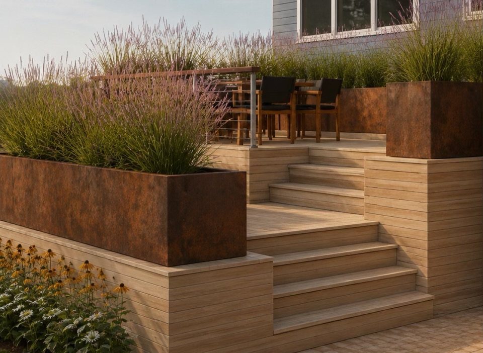 Large rusted metal planters with tall grasses arranged on tiered wooden deck levels.