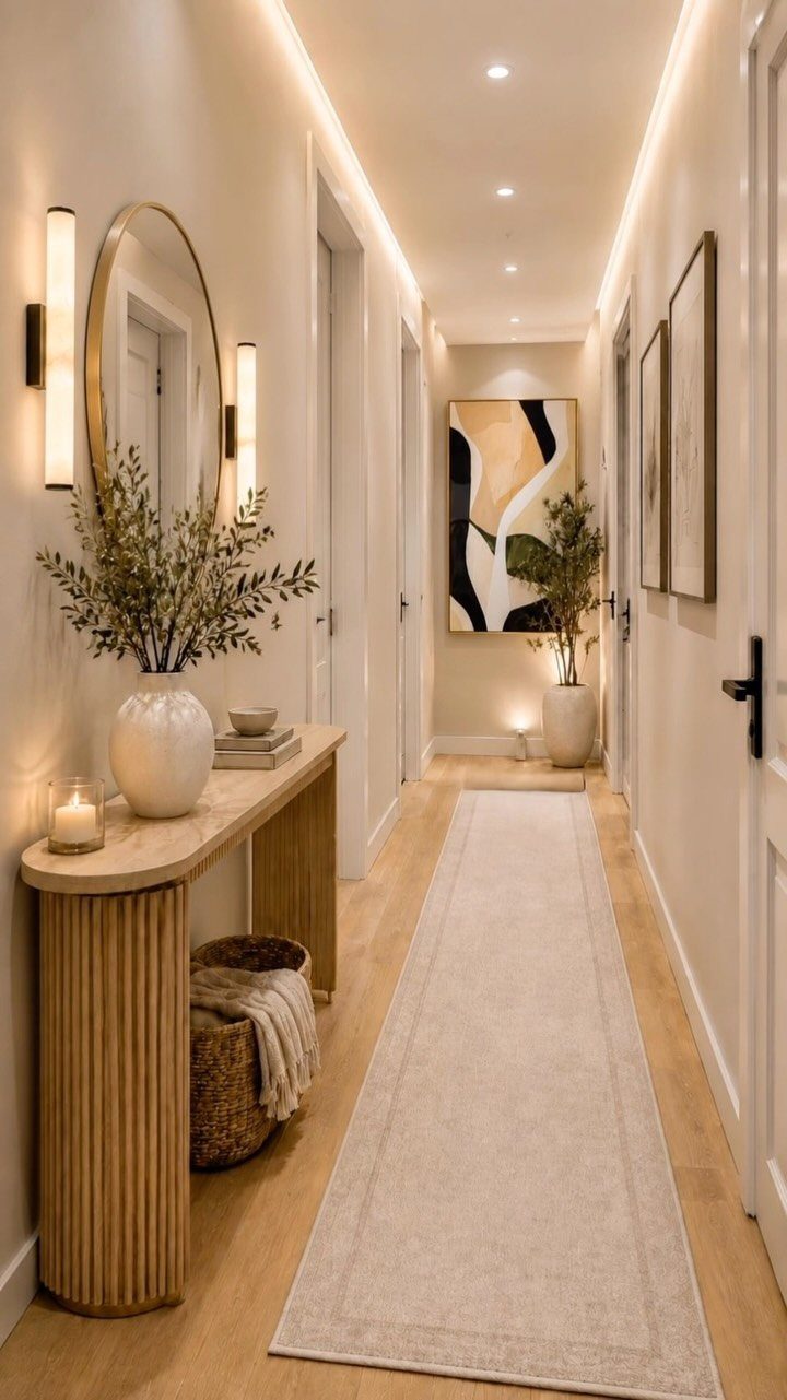 A narrow hallway featuring a wooden console table, a long runner rug, and warm ambient lighting.