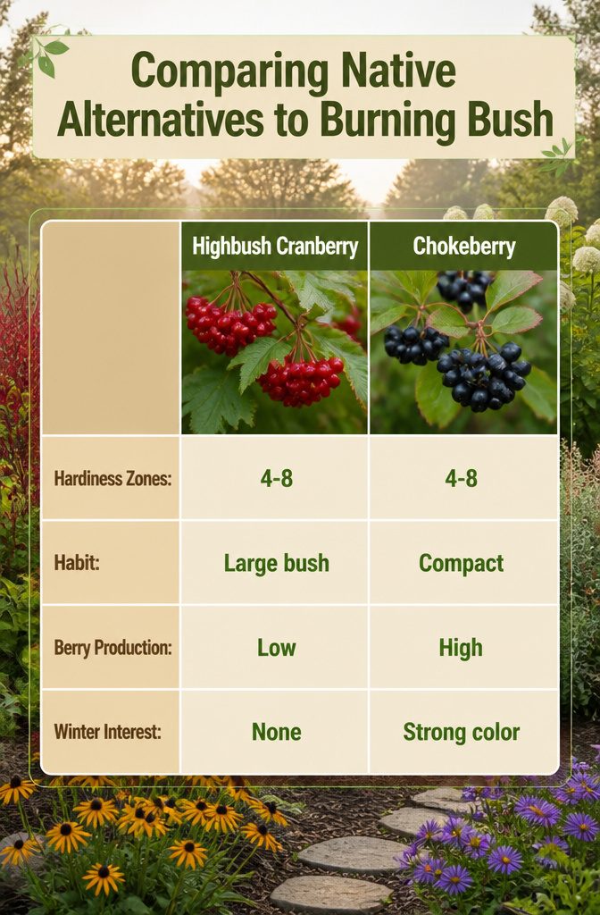 Burning Bush Landscaping: Growth, Care, and Invasive Risks 5 A comparison of native plants, including black chokeberry and burning bush.