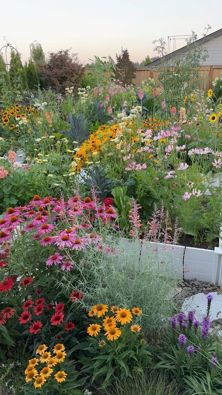 Colorful wildflowers including pink coneflowers and yellow black-eyed Susans blooming in a dense garden bed.