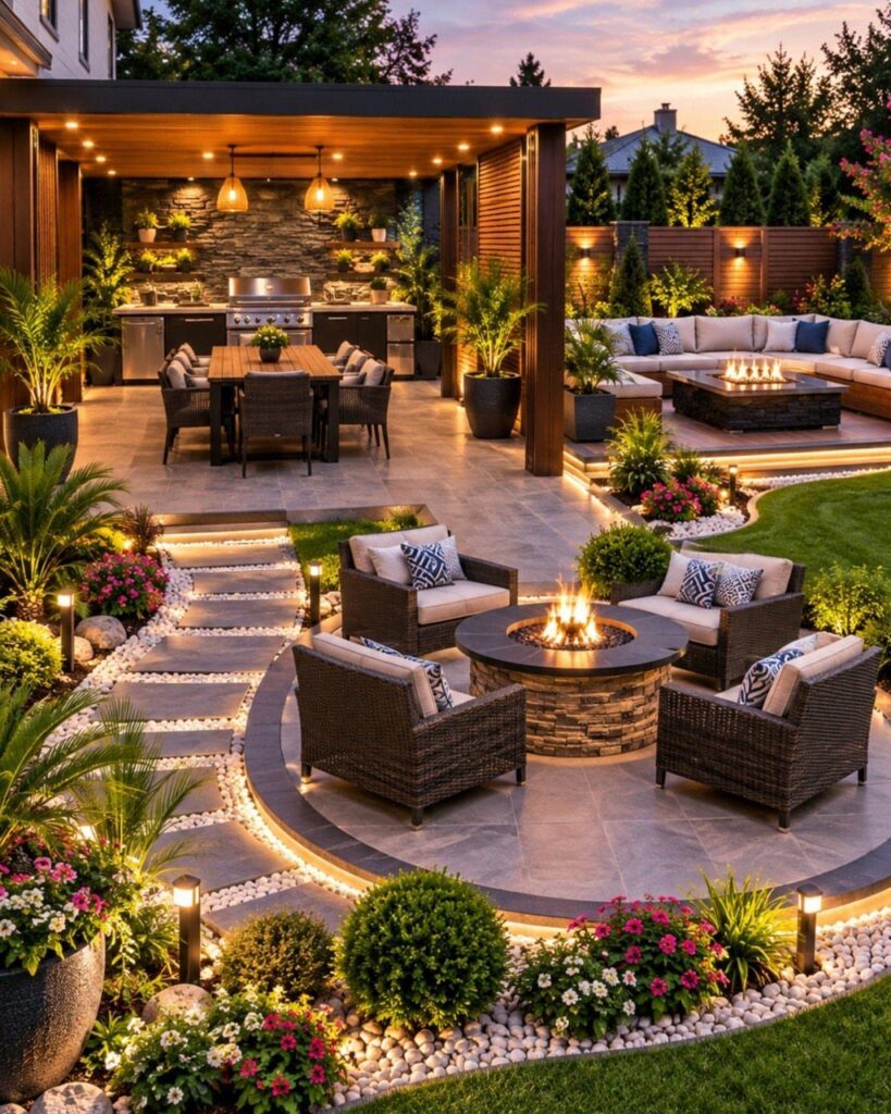 A luxurious outdoor patio featuring a covered dining area, a fire pit lounge, and manicured garden landscaping.