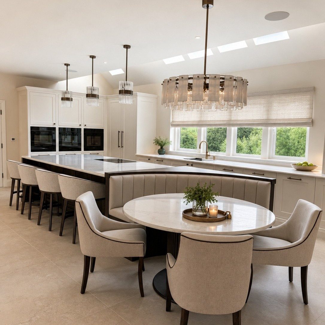 A large kitchen island with a curved upholstered banquette and several light-colored bar stools.
