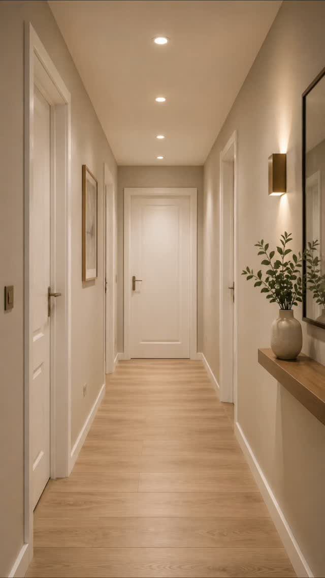 A long, brightly lit hallway with light beige walls, white doors, and light wood flooring.