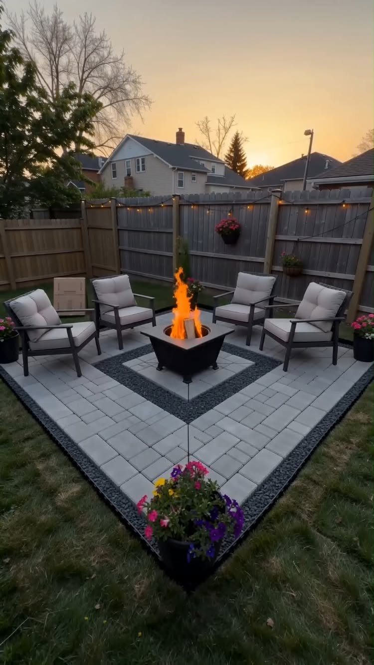 A lit fire pit sits in the center of a grey stone paver patio with four chairs.