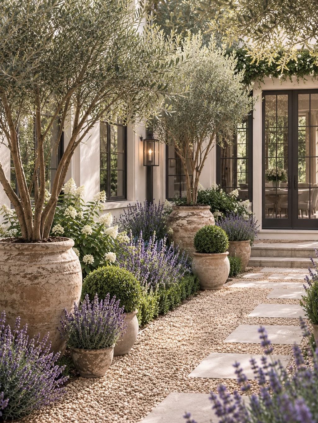 Olive trees in large terracotta pots line a gravel path with stepping stones and lavender.