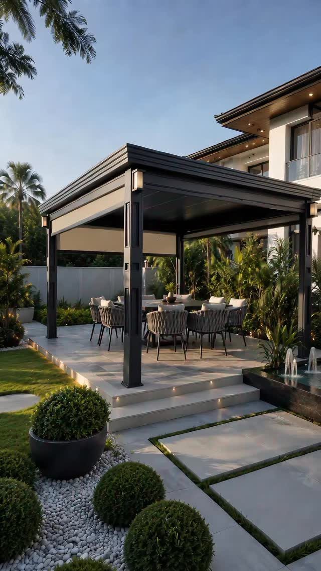 A modern black metal pergola covering a stone patio with an outdoor dining set and lush greenery.