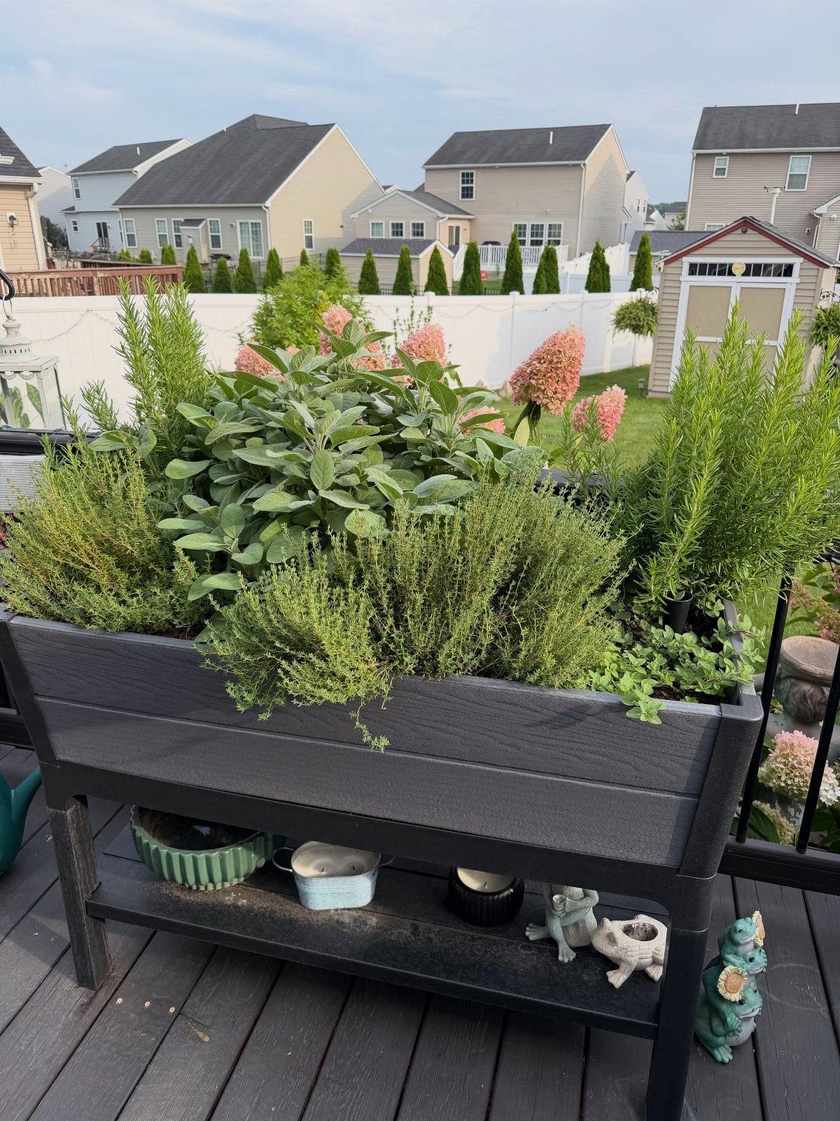 A dark grey rectangular planter filled with lush green herbs and pink flowers on a wooden deck.