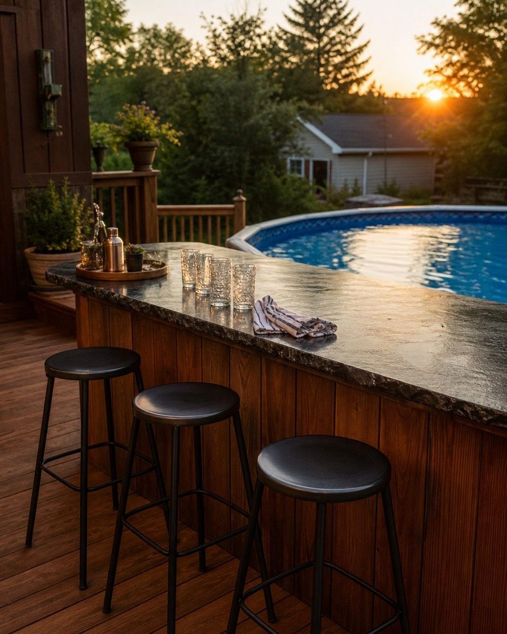 A wooden outdoor bar with black stools overlooking a swimming pool during a golden sunset.