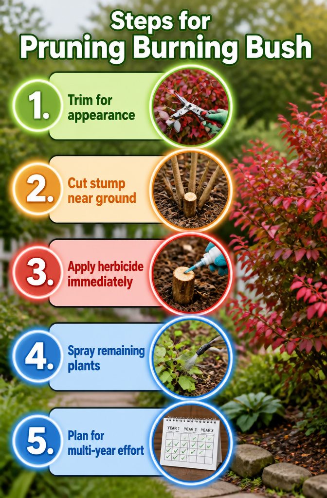 Burning Bush Landscaping: Growth, Care, and Invasive Risks 7 Steps for pruning a burning bush shrub in a garden.