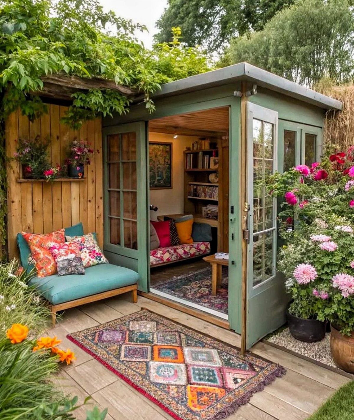 A charming sage green garden shed with an open door revealing a cozy interior reading nook.