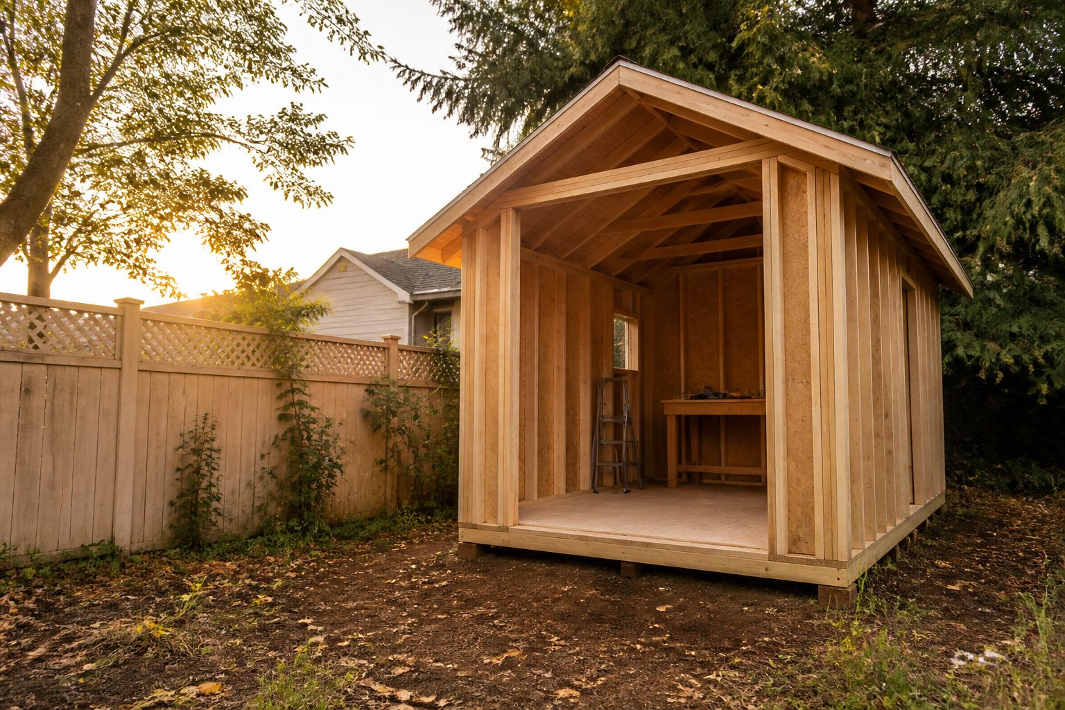 A completed quick build shed surrounded by greenery in a backyard.