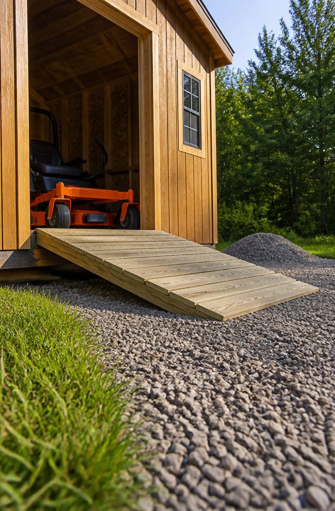 Shed for Zero Turn Mower: Sizes, Doors, Ramps and 8 Styles Compared 3 Sturdy ramp designed for zero turn mower entry into a shed.
