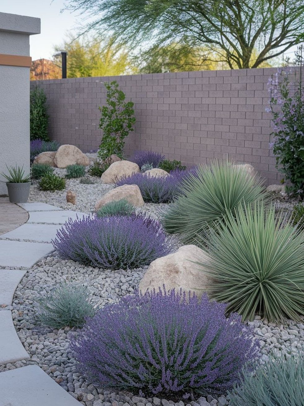 Purple flowering shrubs and spiky agave plants arranged with boulders in a gravel desert garden.