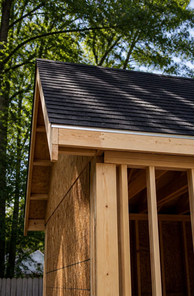 How to Build a Shed Fast: Quick Build Shed Guide 6 A quick build shed with asphalt shingles being installed.