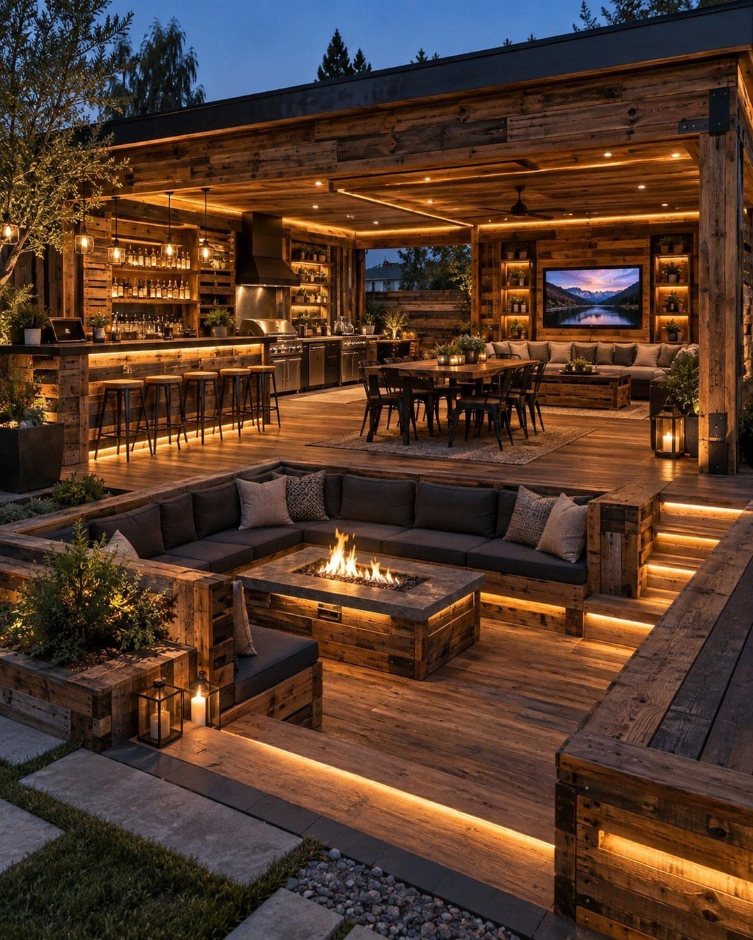 A large rustic wooden pavilion with an outdoor kitchen, bar, dining area, and sunken fire pit lounge.