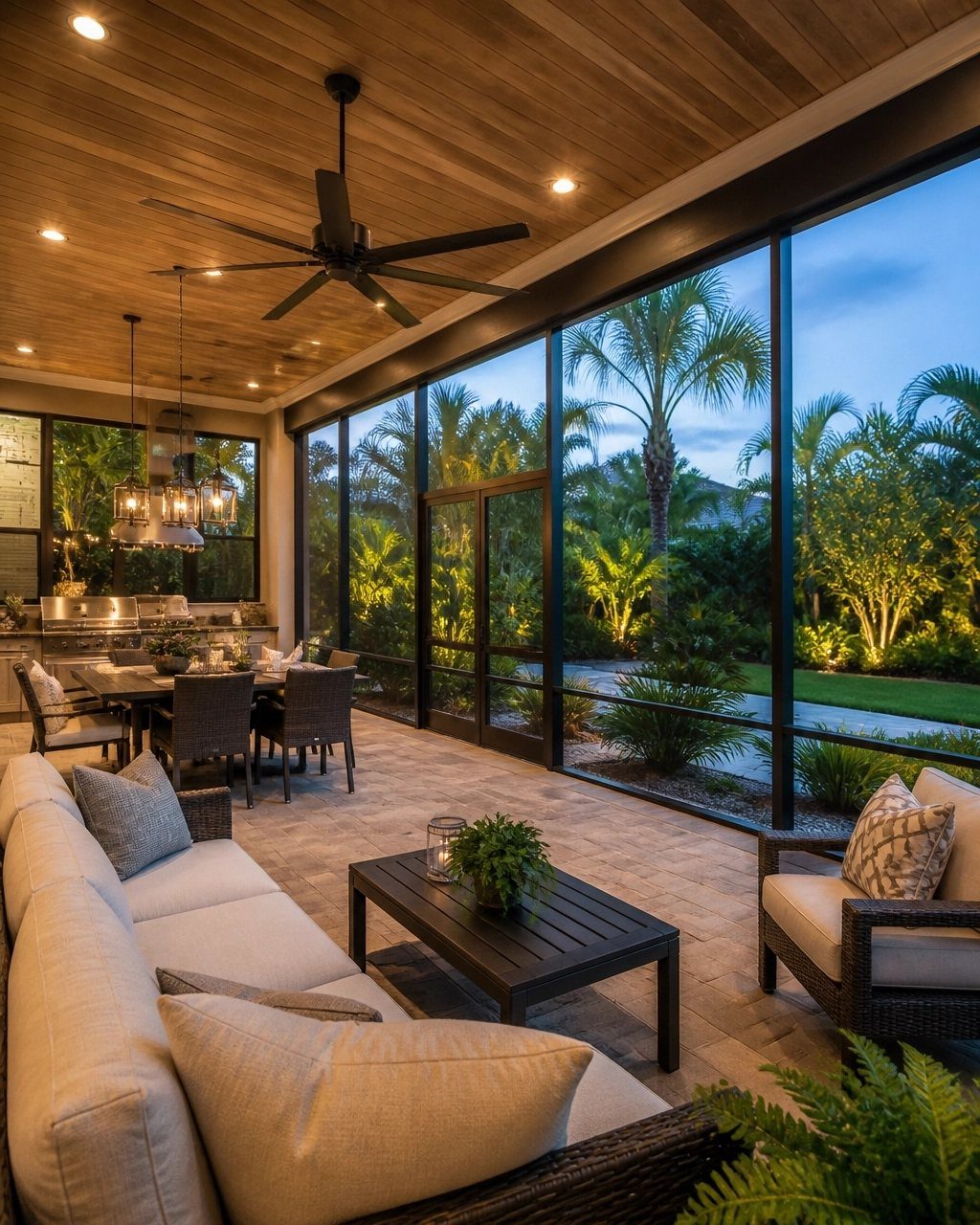 A luxurious screened-in porch with wooden ceilings, outdoor furniture, and large screened windows overlooking tropical plants.
