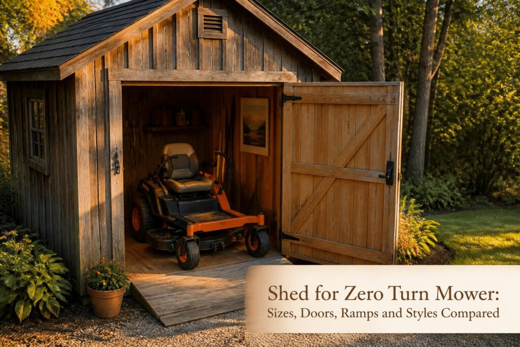 Different shed styles designed for zero turn mower storage.