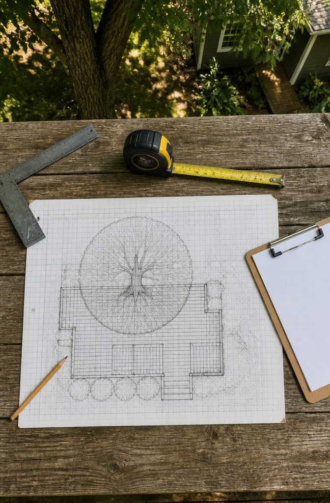 Building a Deck Under a Tree: Plan, Materials, and Root-Safe Construction 2 A scale drawing of a deck layout around a tree.