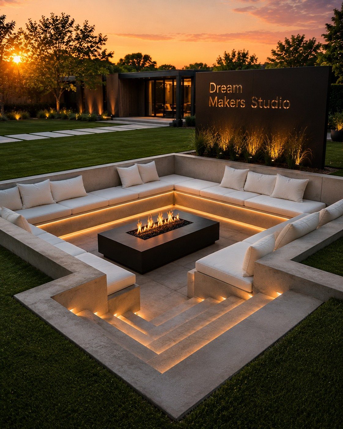 A black rectangular gas fire table centered within a sunken concrete patio with built-in seating.