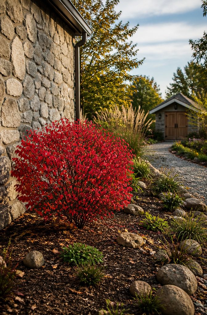 Burning Bush Landscaping: Growth, Care, and Invasive Risks 3 A burning bush shrub showing its bright red foliage in sunlight.