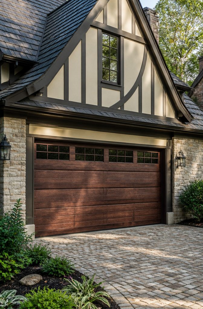 A stamped steel garage door with faux wood texture.