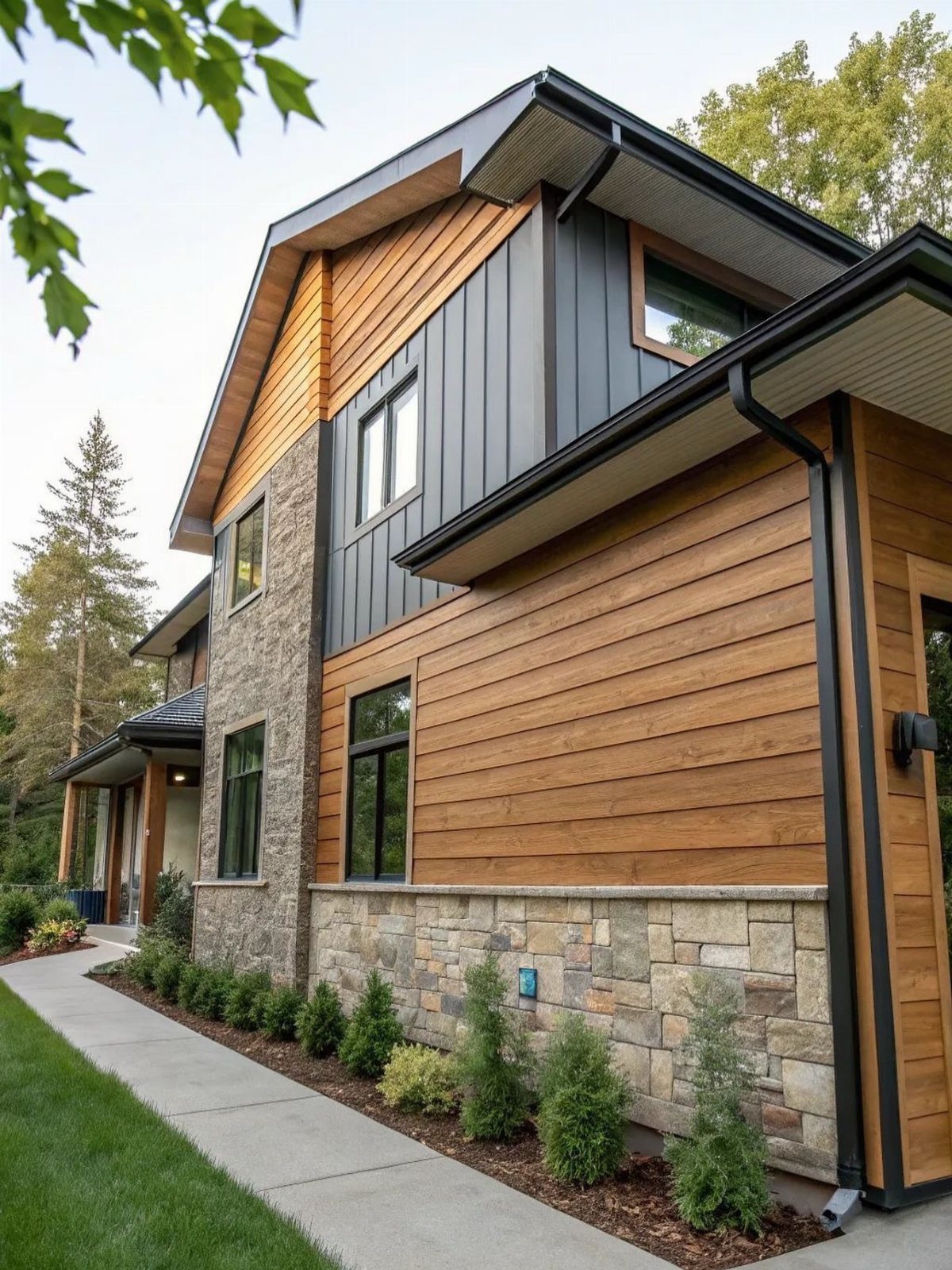 Modern house exterior featuring a mix of wood siding, dark metal panels, and stone veneer.