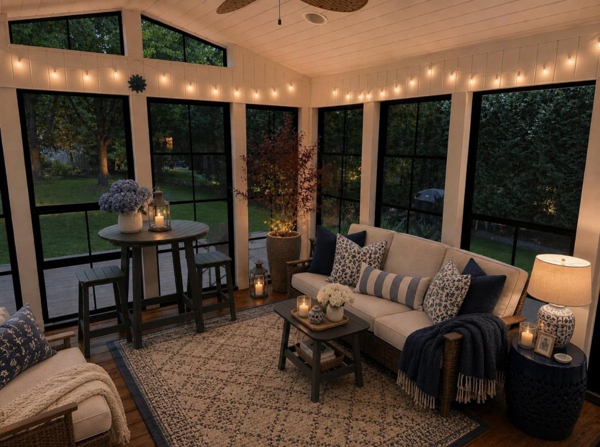A cozy screened-in porch with a cream sofa, blue pillows, and string lights at dusk.