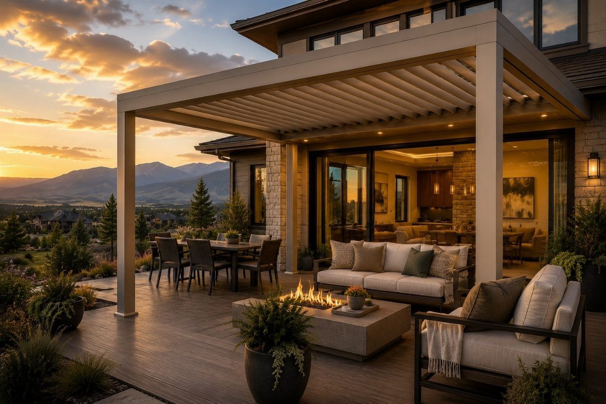 A modern outdoor deck with an attached pergola, lounge seating, and a fire pit at sunset.