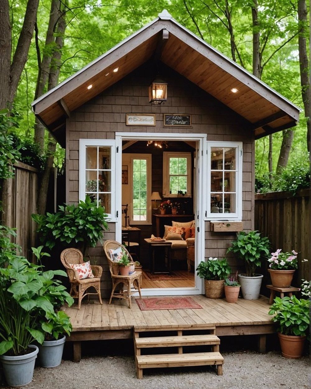 A small brown wooden shed with white windows surrounded by many potted green plants.
