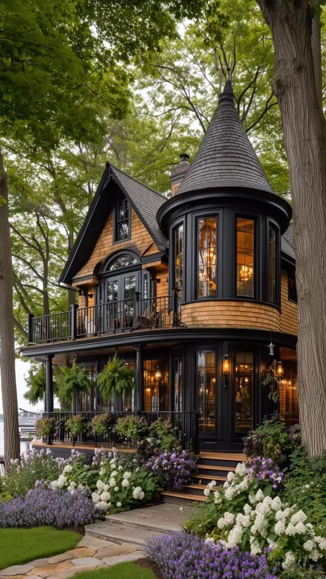 Victorian style house with tan siding, black trim, and a conical turret surrounded by lush greenery and flowers.