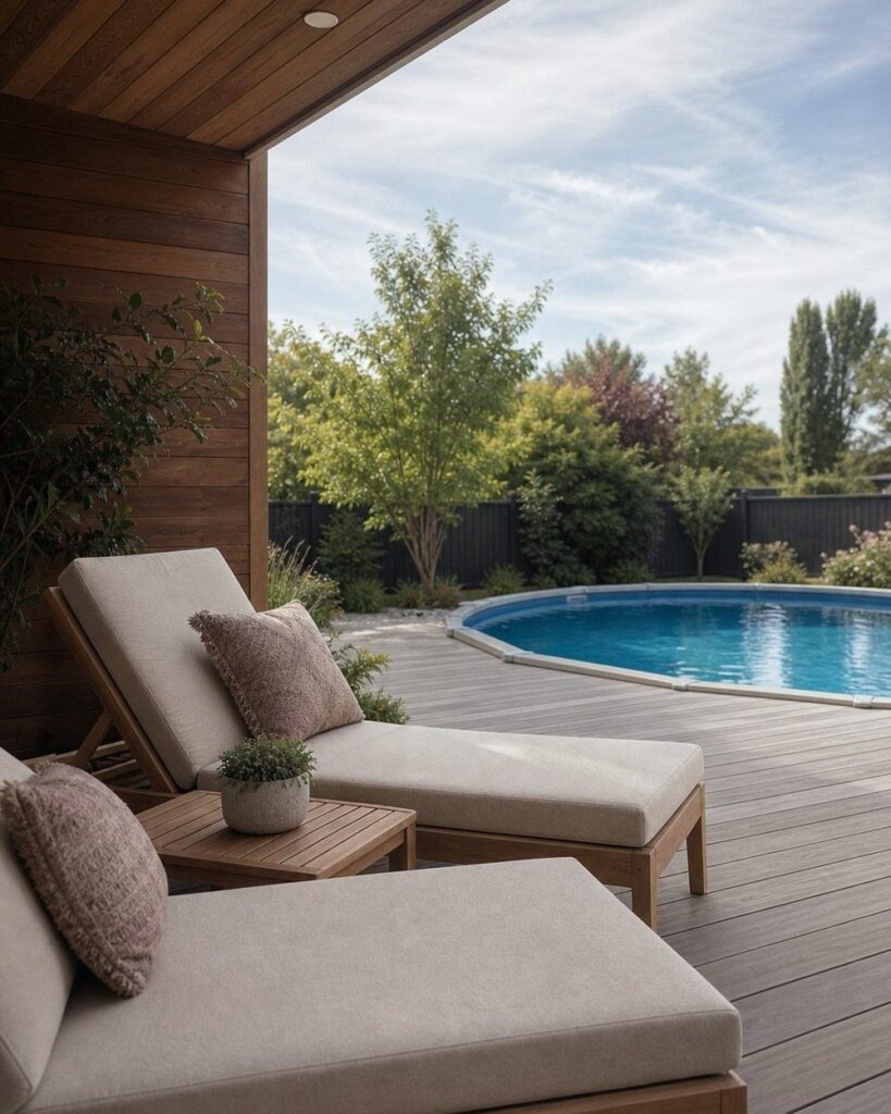 Wooden lounge chairs with beige cushions resting on a grey deck beside a blue swimming pool.