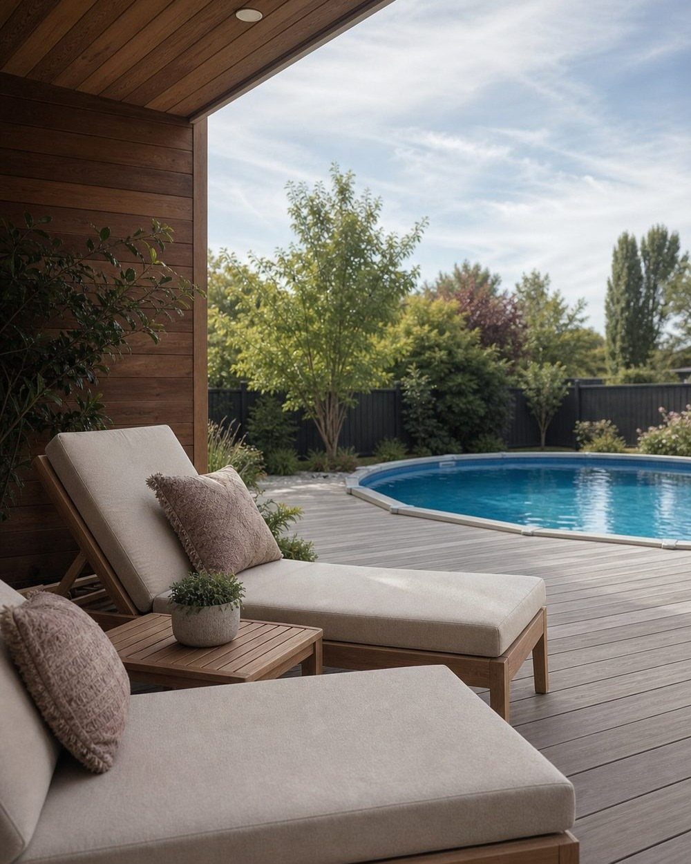Wooden lounge chairs with beige cushions resting on a grey deck beside a blue swimming pool.
