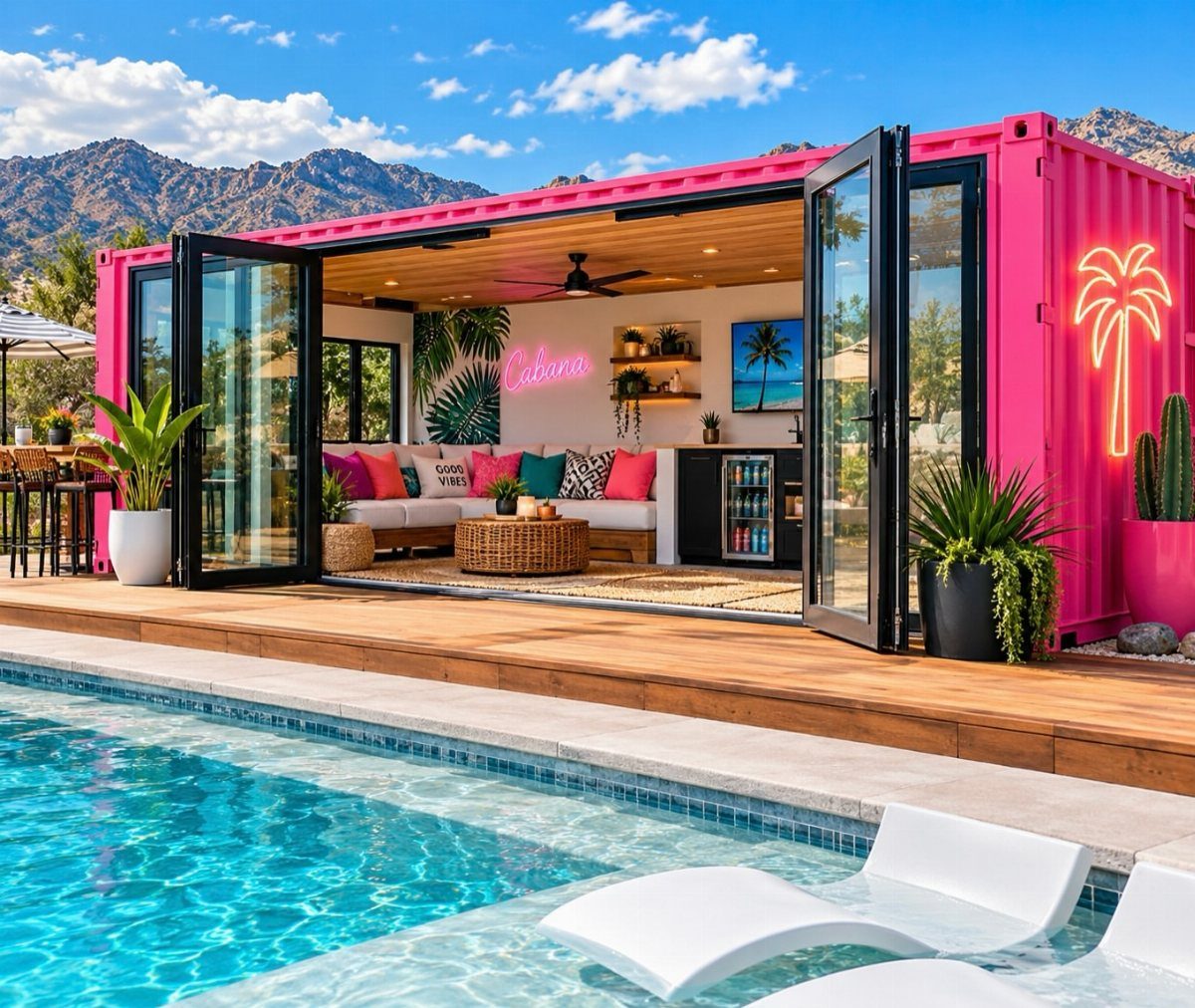 A bright pink shipping container converted into a tropical cabana next to a swimming pool.