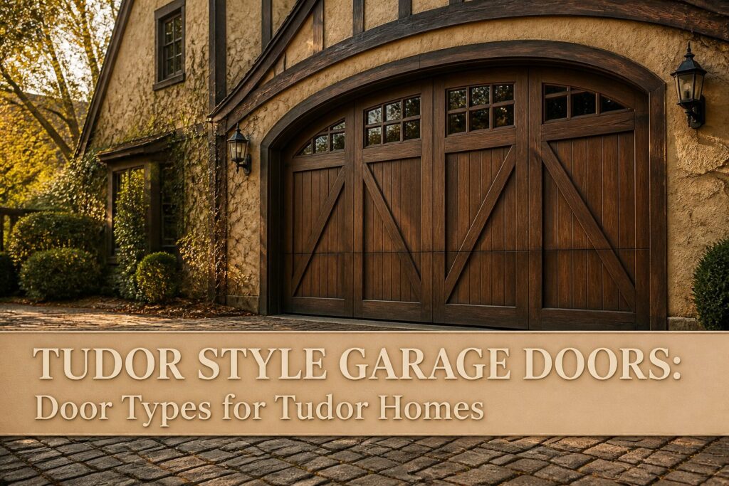 A Tudor-style garage door in front of a traditional home.