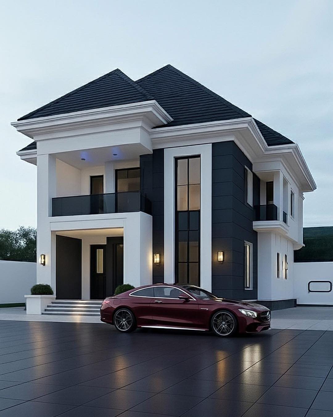 12 Trending House Colors for Exterior Looks in 2026 5 Modern two-story house with dark blue siding and white trim featuring a red car in the driveway.