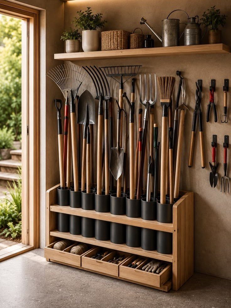 Garden tools organized upright in a wooden storage rack with black holders against a neutral wall.