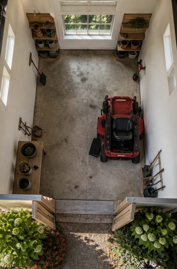 Shed for Zero Turn Mower: Sizes, Doors, Ramps and 8 Styles Compared 9 Shed interior with ventilation and shelving for storage.